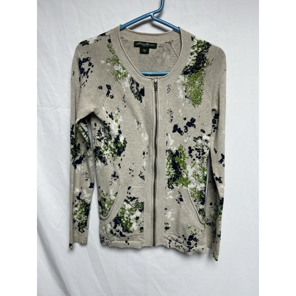 Eddie Bauer Women's Full Zip Cardigan Sweater Beige Abstract Floral Print XS